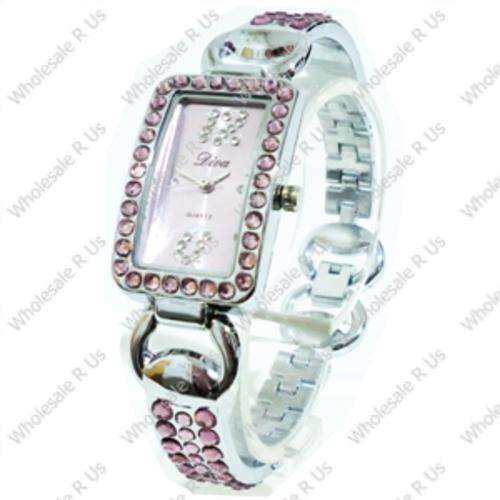 Ladies Crystal Accented Bracelet Dress Watch Silver with Soft Pink Face