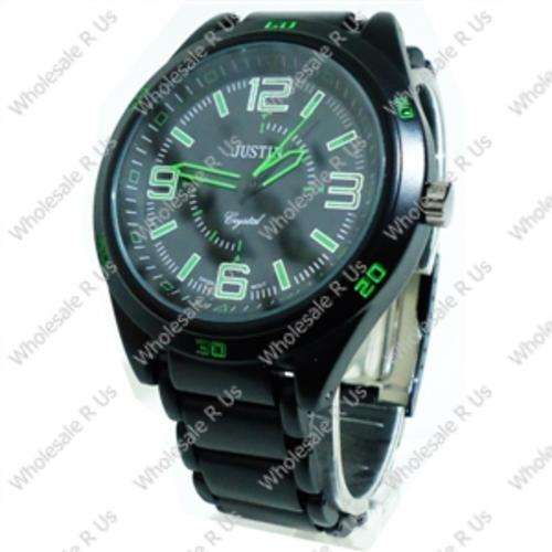Gents Link Bracelet Watch - Black Strap Green Markers