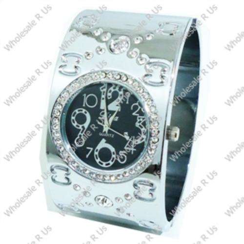 Ladies Crystal Accented Bangle Dress Watch Silver with Black Face