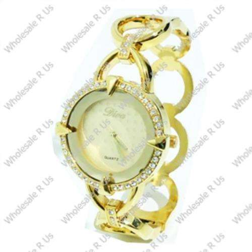 Ladies Crystal Accented Bangle Watch Gold Tone with Gold Face