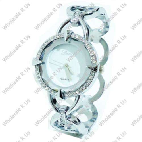 Ladies Crystal Accented Bangle Watch Silver Tone with Light Cream Face