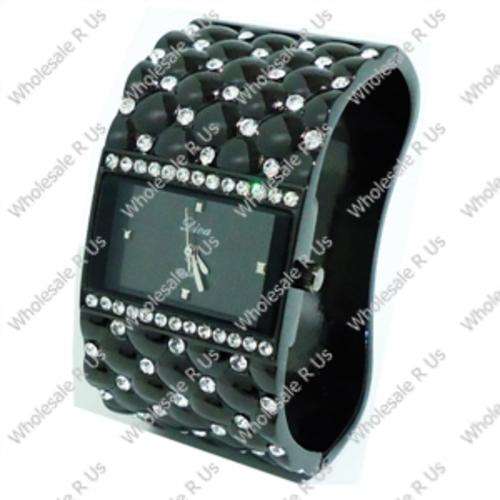 Ladies Crystal Accented Bangle Watch Black with Soft Black Face
