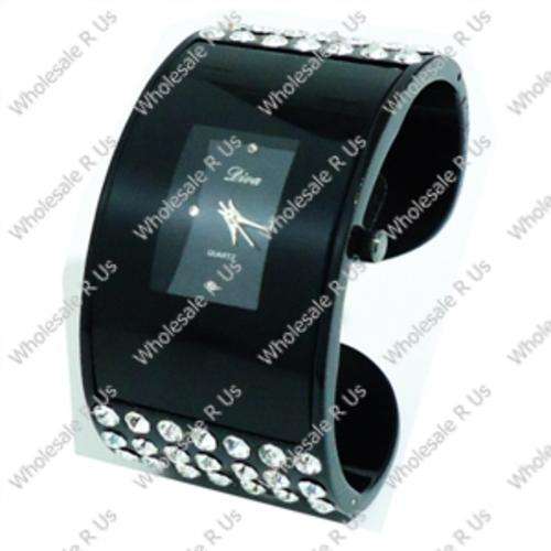 Ladies Crystal Accented Bangle Watch Black with Black Face