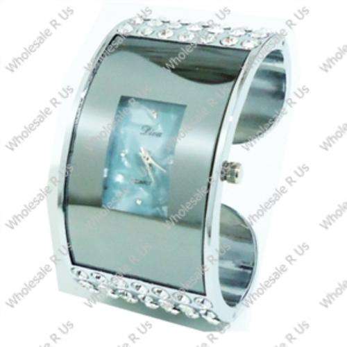 Ladies Crystal Accented Bangle Watch Silver with Blue Face