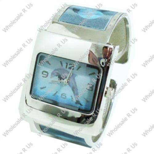 Ladies Lenticular Bangle Watch Silver with Blue Dolphin Face