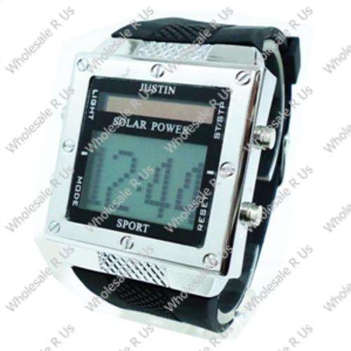 Solar Power Digital LCD Display with Blue Light Gents Wrist Watch - Silver Black