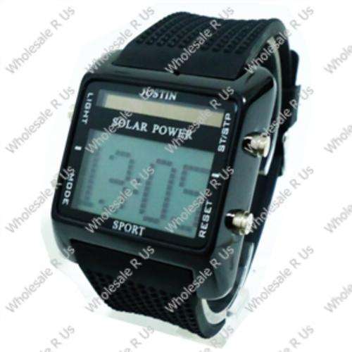 Solar Power Digital LCD Display with Red Light Gents Wrist Watch - Black