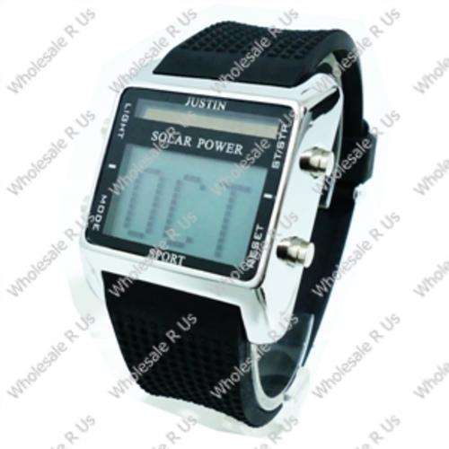 Solar Power Digital LCD Display with Red Light Gents Wrist Watch - Black Silver