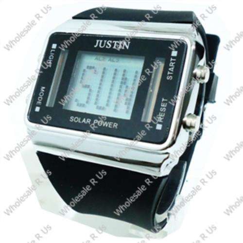 Solar Power Digital LCD Display with Blue Light Gents Wrist Watch - Black Silver