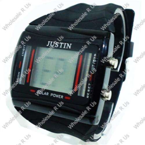 Solar Power Digital LCD Display with Blue Light Gents Wrist Watch - Black