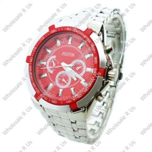 Gents Link Bracelet Watch - Silver Red