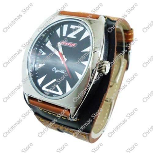 Gents Wrist Watch Black Tan Strap Black Face