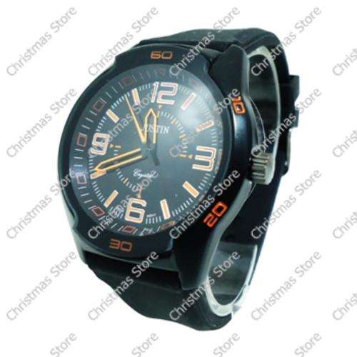 Gents Wrist Watch - Black Strap Black Face Neon Orange Markers