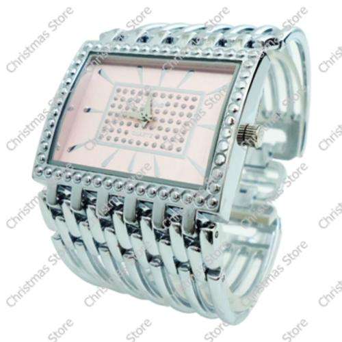 Ladies Crystal Accented Silver Bracelet Dress Watch Silver Pink Face