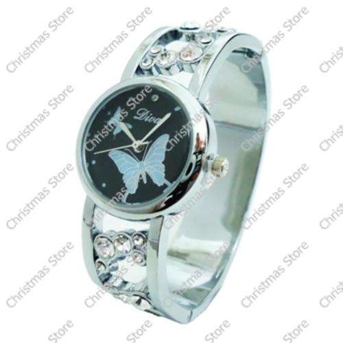 Ladies Crystal Accented Bangle Dress Watch - Silver  Black Face  Blue Butterfly