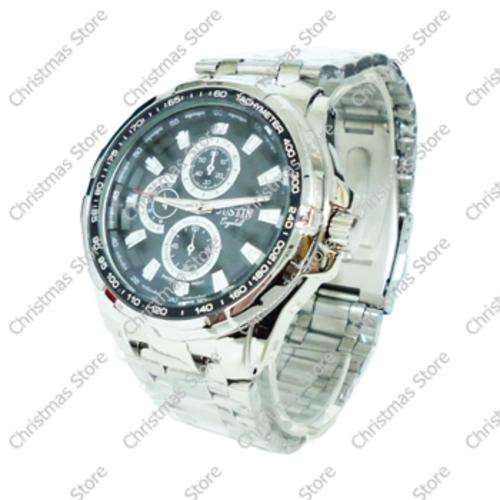 Gents Link Bracelet Wrist Watch - Silver Links Black Face