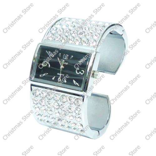 Ladies Crystal Accented Bangle Dress Watch Silver with Black Face