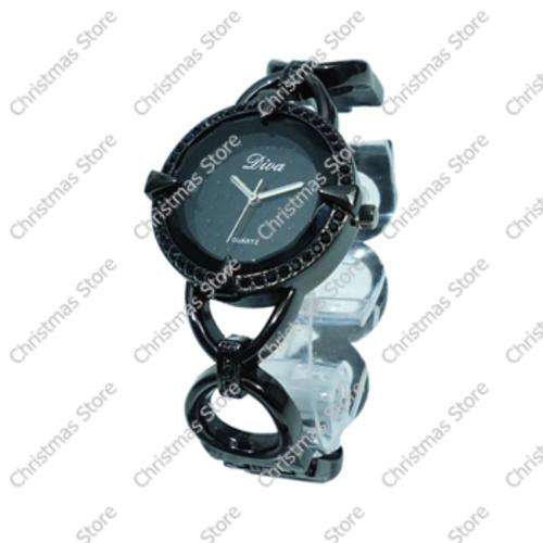 Ladies Crystal Accented Bangle Watch Black Black Face