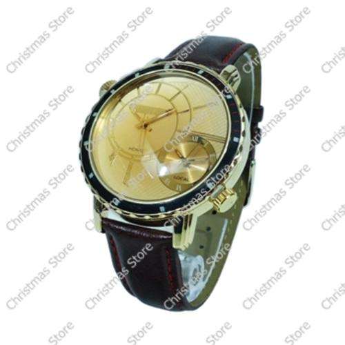 Gents Watch - Brown Strap Red Stitch Gold Markers Gold Face
