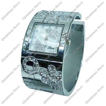 Ladies Crystal Accented Bangle Dress Watch with Crystal Accented Butterfly Face - Silver White Face