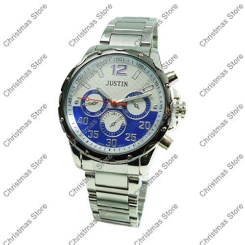 Mens Link Bracelet Watch Silver Links White Blue Face