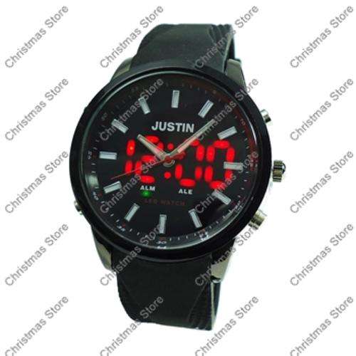 Mens Watch Black Strap Black Black Face Red LED