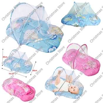 Foldable Padded Mattress Pillow Warm Bed Mosquito Net Crib Tent For Babies Blue