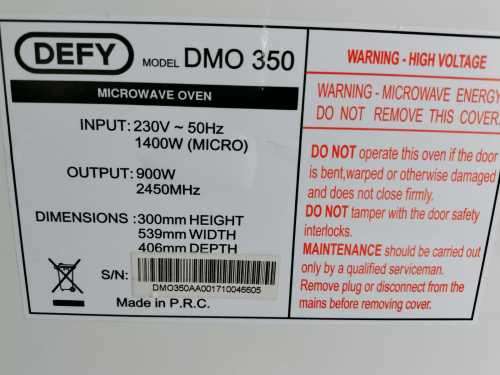 DEFY DMO 350 1400W Working Microwave in Very Good Condition