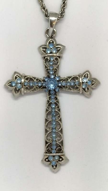 Stunning Extra Large Metal and Bejeweled Cross Pendant and Chain