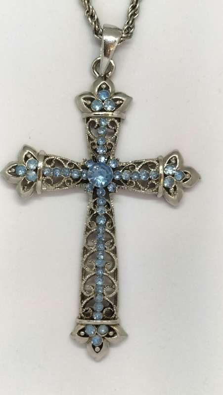 Stunning Extra Large Metal and Bejeweled Cross Pendant and Chain