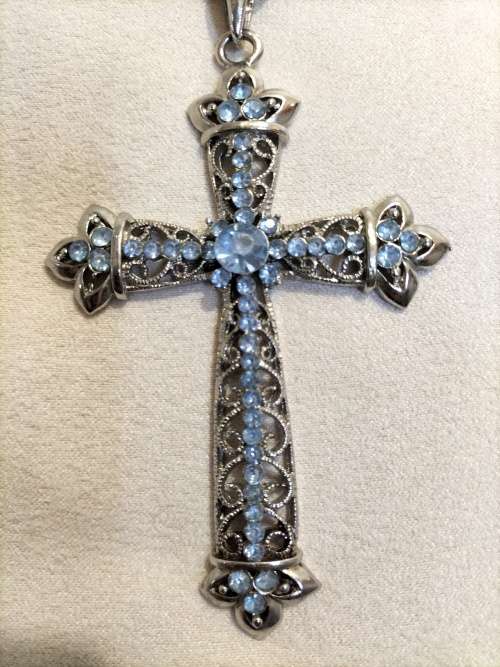 Stunning Extra Large Metal and Bejeweled Cross Pendant and Chain