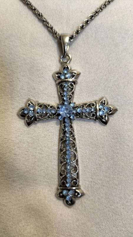 Stunning Extra Large Metal and Bejeweled Cross Pendant and Chain