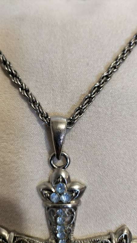 Stunning Extra Large Metal and Bejeweled Cross Pendant and Chain