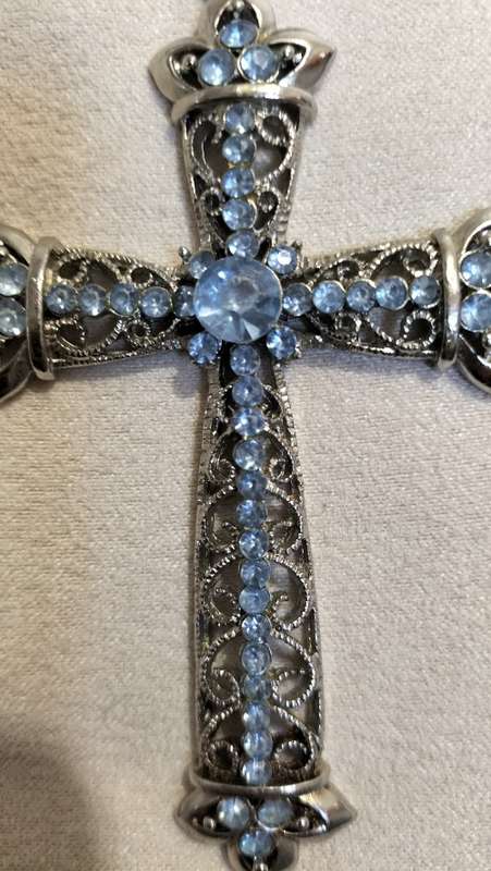 Stunning Extra Large Metal and Bejeweled Cross Pendant and Chain