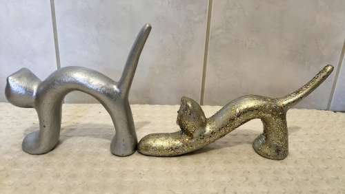 Pair Of Ceramic Gold And Silver Abstract Cats