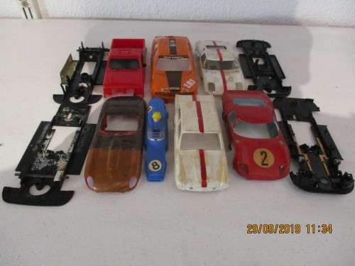 1/32 SCALE SLOT CAR BODIES AND CHASIS (USED)