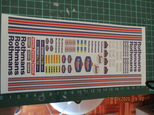 1/32 SCALE  WATERSLIDE DECALS( ROTHMANS) 10 X 20CM IE: SCX NINCO SCALEXTRIC AIRFIX AND REVEL