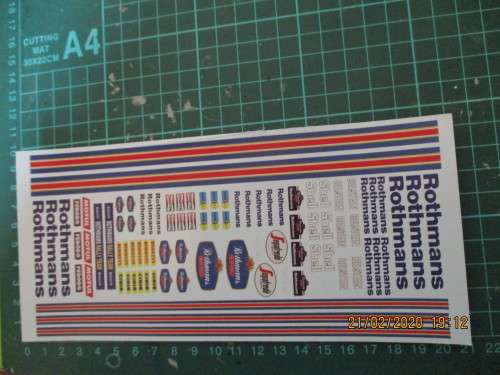 1/32 SCALE  WATERSLIDE DECALS( ROTHMANS) 10 X 20CM IE: SCX NINCO SCALEXTRIC AIRFIX AND REVEL