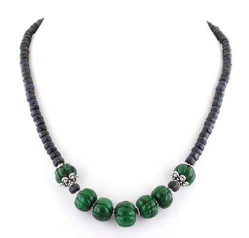 182 Ct Emerald and Blue Sapphire Beaded Artisan Necklace - Handmade in India