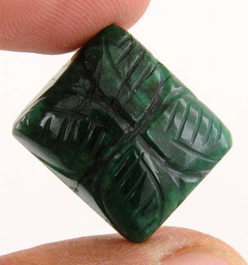 28.49 Carat Rectangular  Natural Emerald Gemstone with Unique Carving from India - IGLI Certified