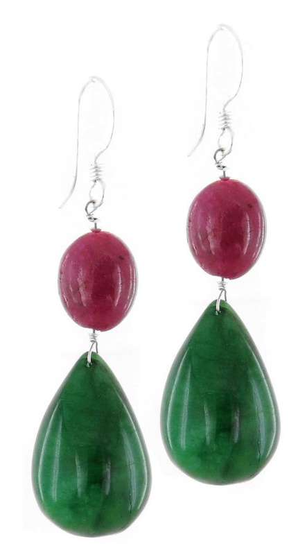 81.75 Ct Natural Emerald and Ruby Beaded Dangler Earrings with Silver Hooks