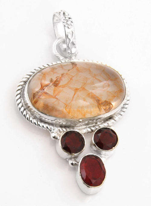 50 Ct Rutile With Garnet Gemstone Silver Pendant- Handmade Jewellery from India