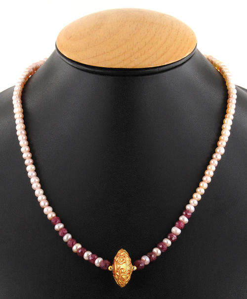 106.10 Ct Ruby With Pearl Gemstone Beaded Necklace-Handmade in  India