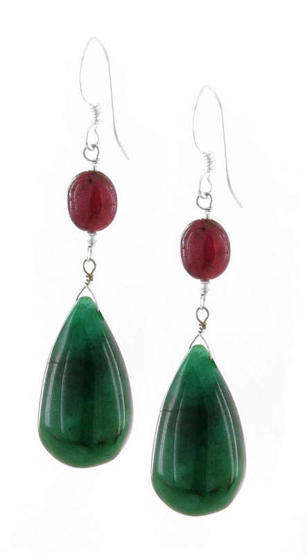 Cabochon Emerald Drop and Ruby Beaded Earrings