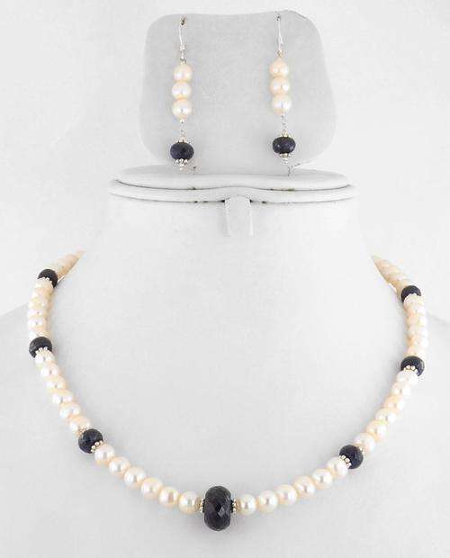 186 Ct Pearl and Sapphire Gemstone Beaded Necklace With Matching Earrings