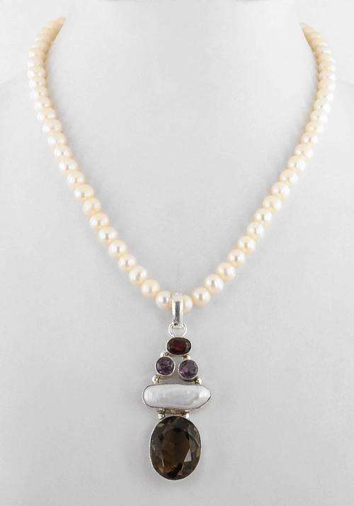207 Ct Freshwater Cabochon Pearl with Smoky Quartz Gemstone Beaded Neckalce-Handcrafted in India