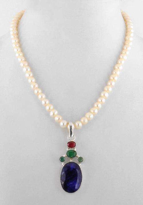 176 Ct Pearl, Emerald, Ruby with Sapphire Gemstone Beaded Necklace-Handmade in India