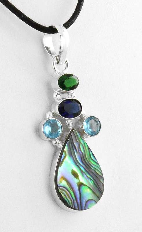 8.5 Gm Blue Topaz, Green Quartz,Blue Quartz and Mother of Pearl Gemstone Silver Pendant
