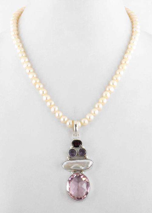 195 Ct Pearl and Rose Quartz Gemstone Beaded Necklace - Handmade in India