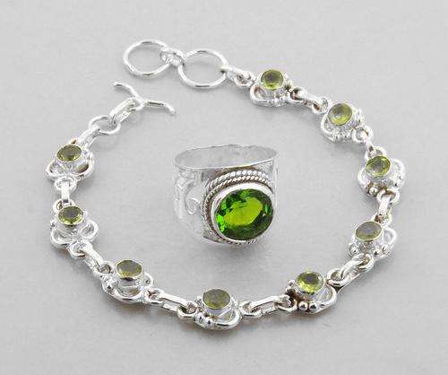 16.5 Gm Green Quartz Stone Silver Bracelet and Ring Set